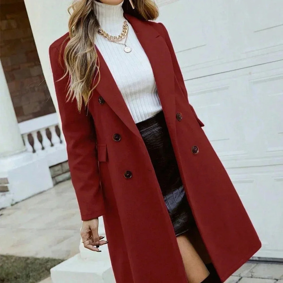 Jackets & Blazers - Burgundy Elegant Women's Casual Double-Breasted Woolen Coat